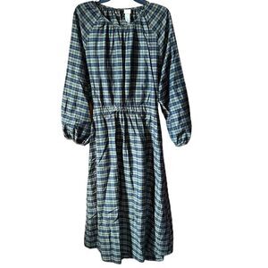 H&M Womens Green Plaid Baloon Sleeves Cut Out Back Midi Dress sz Medium
